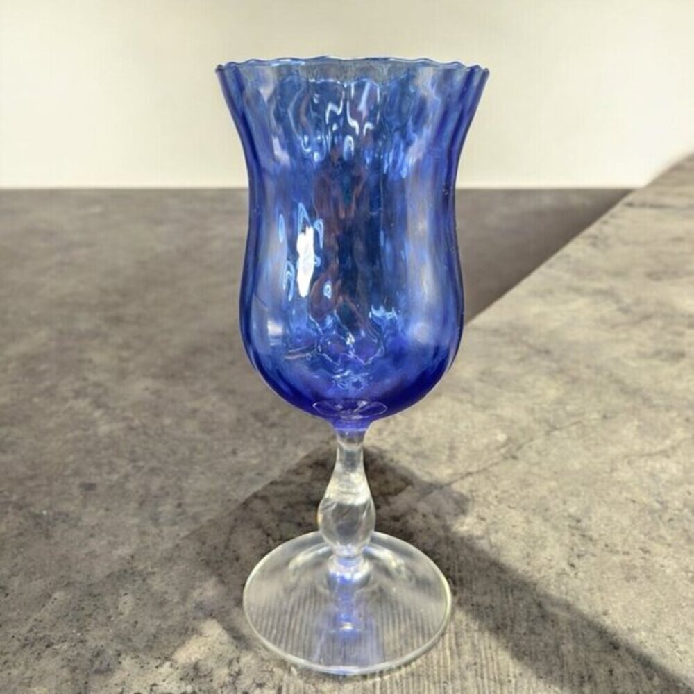 Vintage‎ Venetian Tall Optic Pattern Goblet Compote Cup Cobalt Blue Stem Glass
